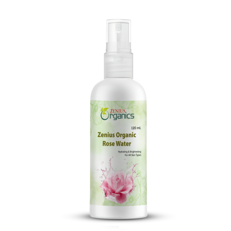 Zenius Organics rose water bottle with fresh rose petals – 100% pure and natural skincare toner